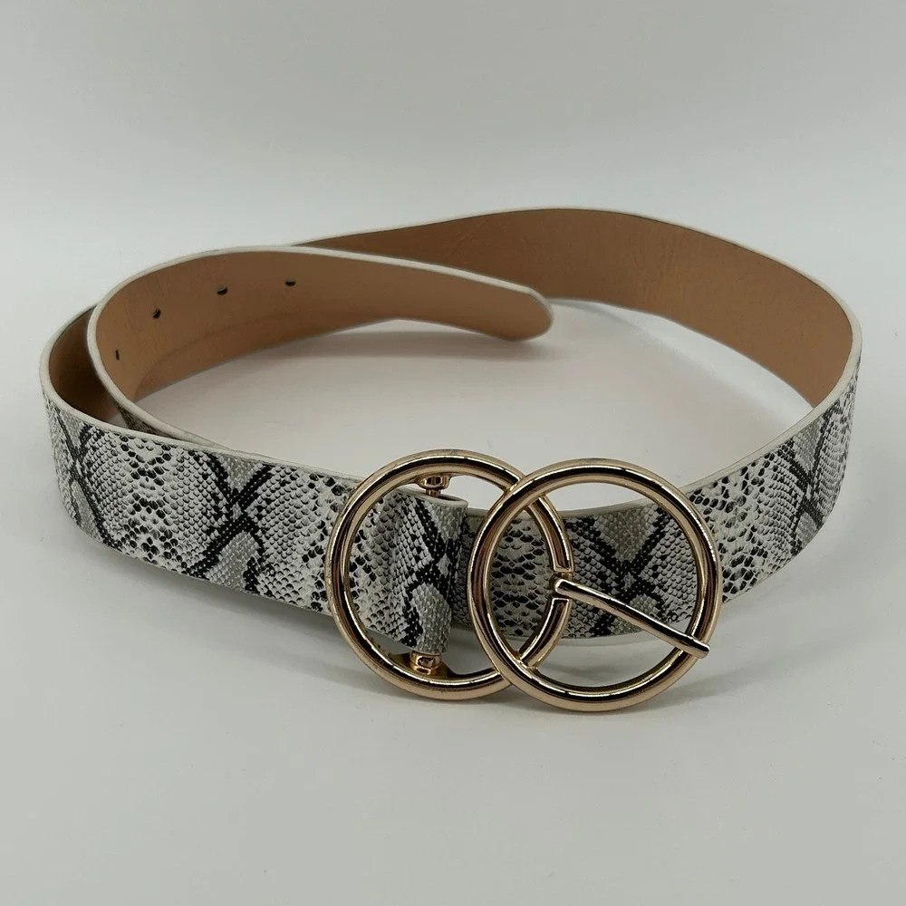 Gray Snakeskin Faux Leather Belt Gold Double Circle Buckle Adjustable Western